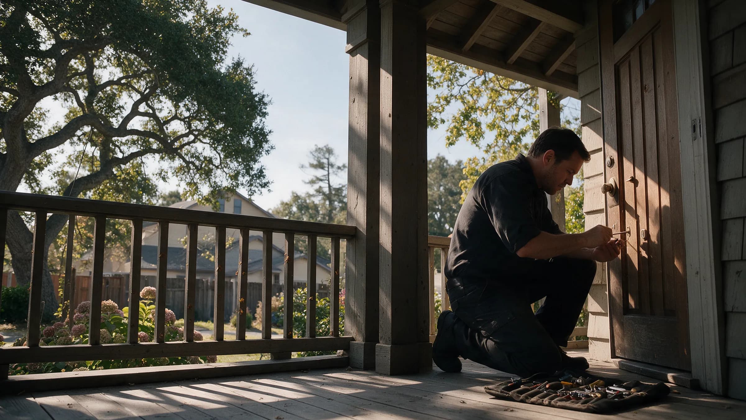 A locksmith on the porch of a Redwood City Craftsman bungalow working a brass mortise lock on a wooden front door, tool roll on the deck, white van and a redwood on the street