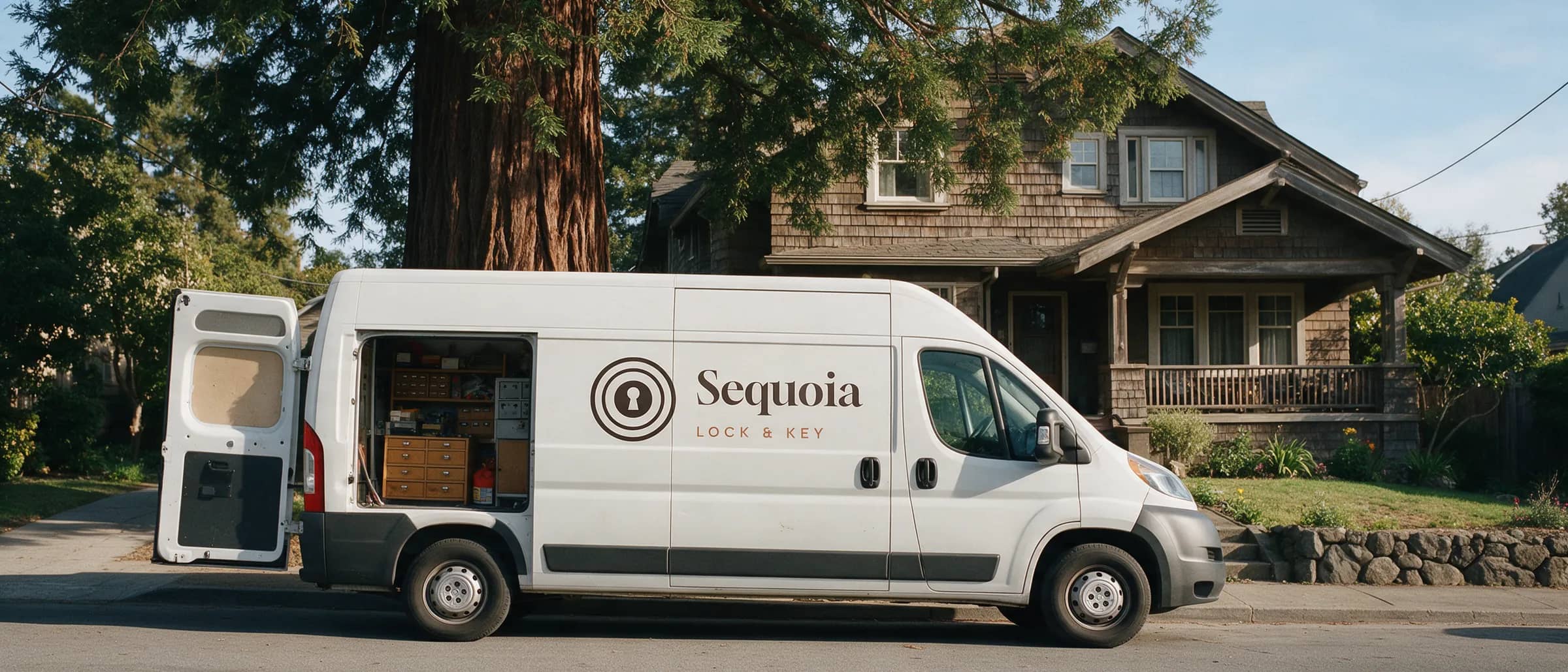 Sequoia Lock & Key van on a tree-lined Redwood City street